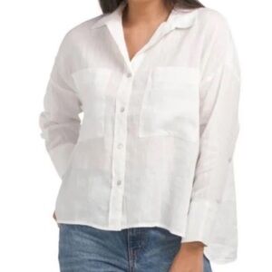 Magaschoni White 100% Linen Button Down Shirt Small Lightweight Summer Top